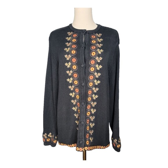 Vtg Bechamel Womens L Black Knit Embroidered Autum Leave Floral Button Cardigan - Picture 1 of 17